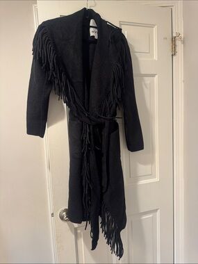 NVLT Black Fringed Belted Duster Coat